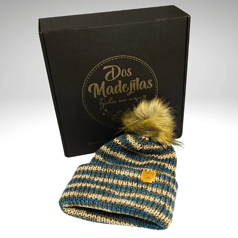 Gorro de Lana Matizado Cafe/Azul con Pom Pom 