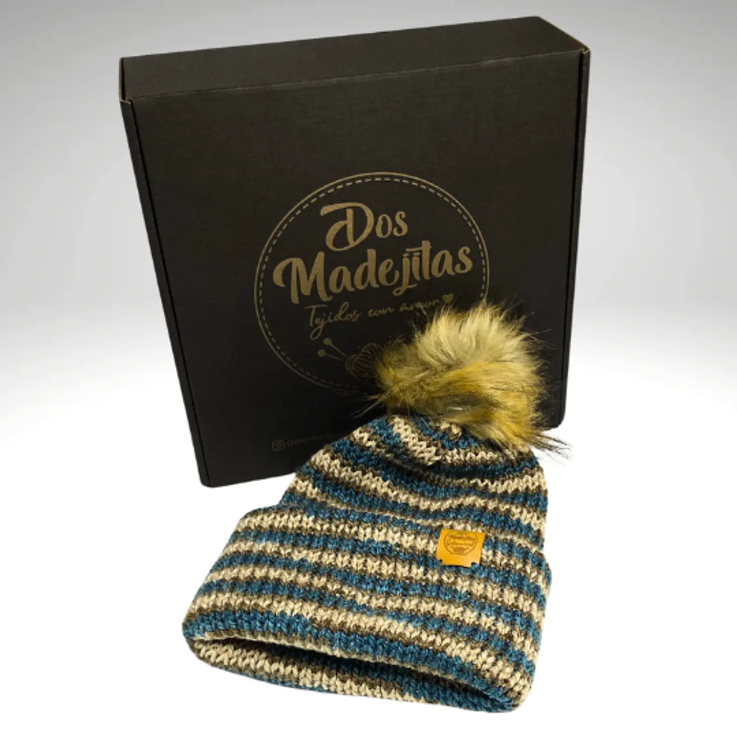 Gorro de Lana Matizado Cafe/Azul con Pom Pom  1