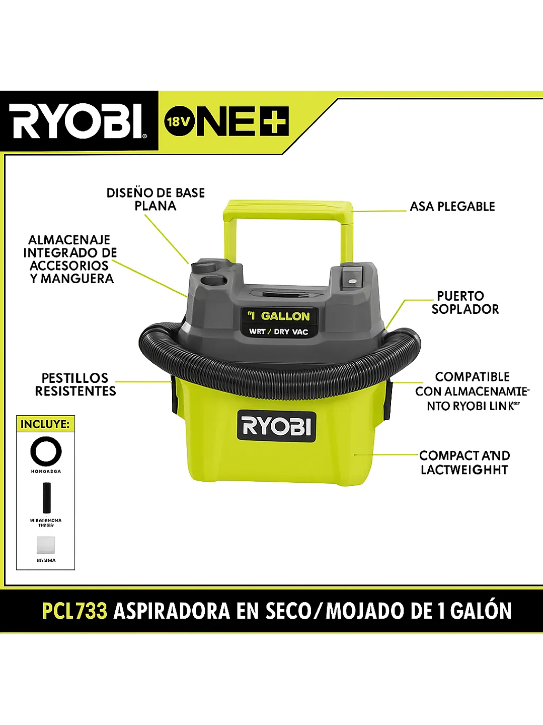 Aspiradora para trabajo en seco/humedo de 18v y 3,8 L Ryobi 3