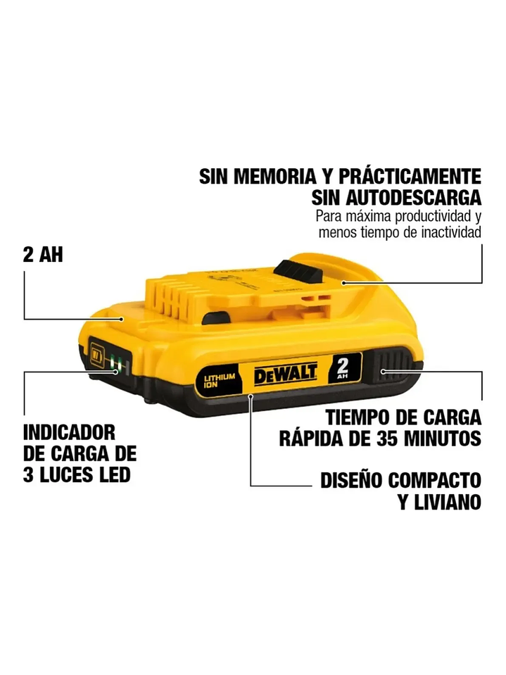 Kit 2 Baterías Dewalt 2ah Dcb203+ Cargador Dcb107+ Bolso Chile 5