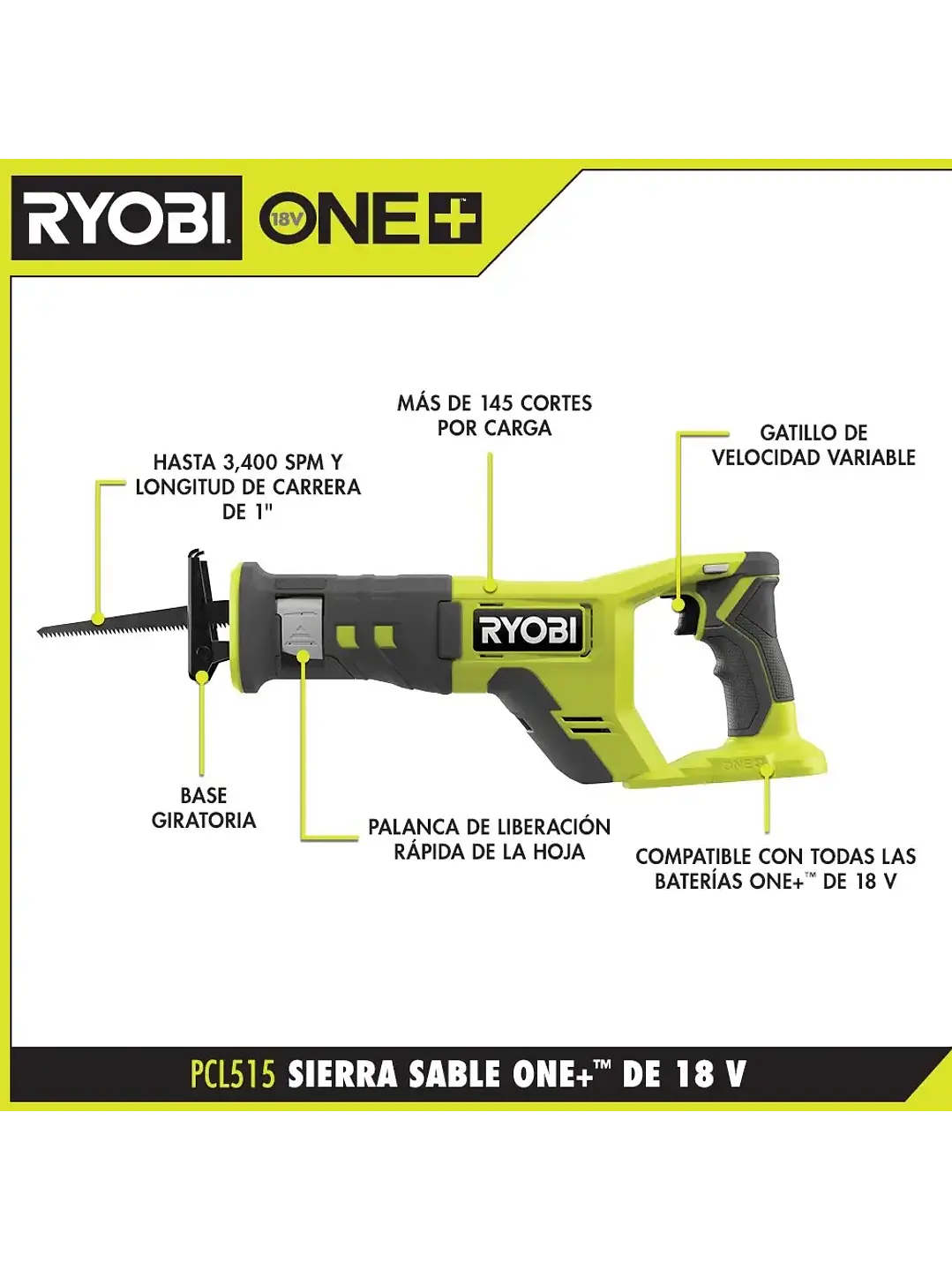 Sierra Recíproca/Sable Ryobi inalámbrica 18V PCL515B Chile 2