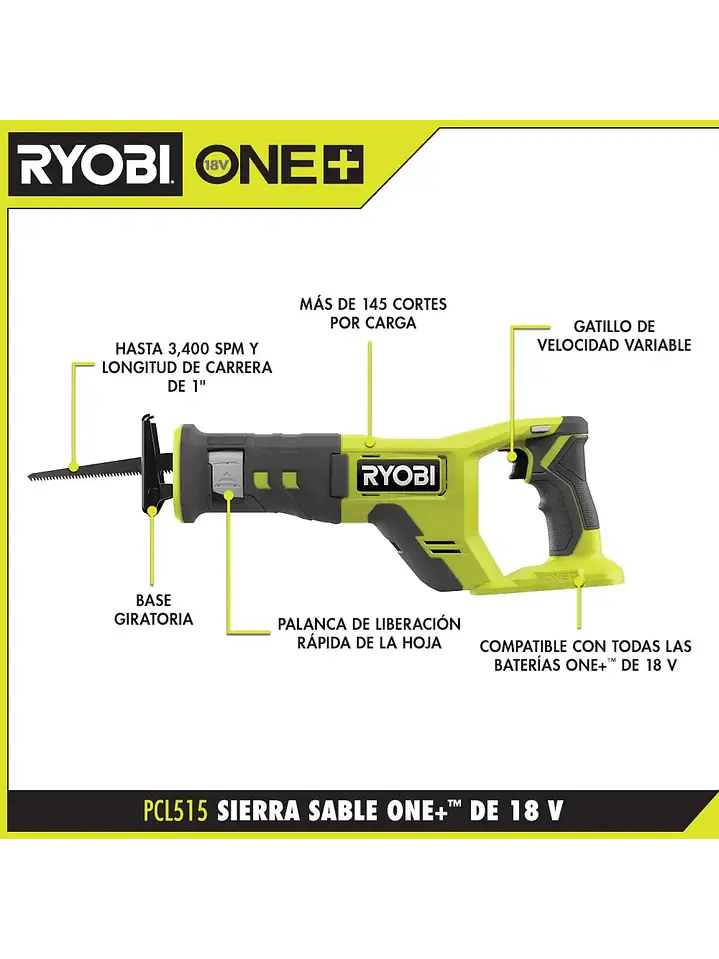 Sierra Recíproca/Sable Ryobi inalámbrica 18V PCL515B Chile 2