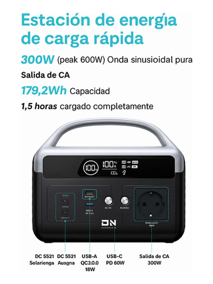 KIT Energía Estación/Generador/Batería 300W + Panel Solar 100W Chile 4