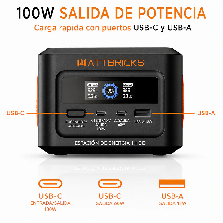 Kit Estación de Energía Portátil WattBricks H100 100W + Panel Solar 30W USB-C | Chile 1