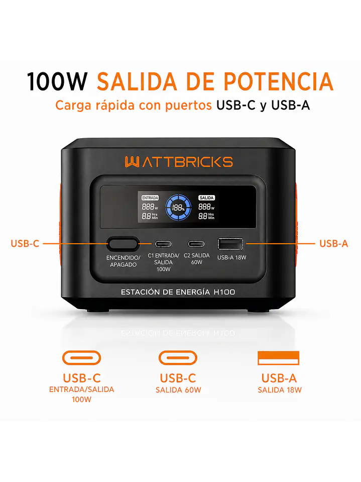 Kit Estación de Energía Portátil WattBricks H100 100W + Panel Solar 30W USB-C | Chile 1