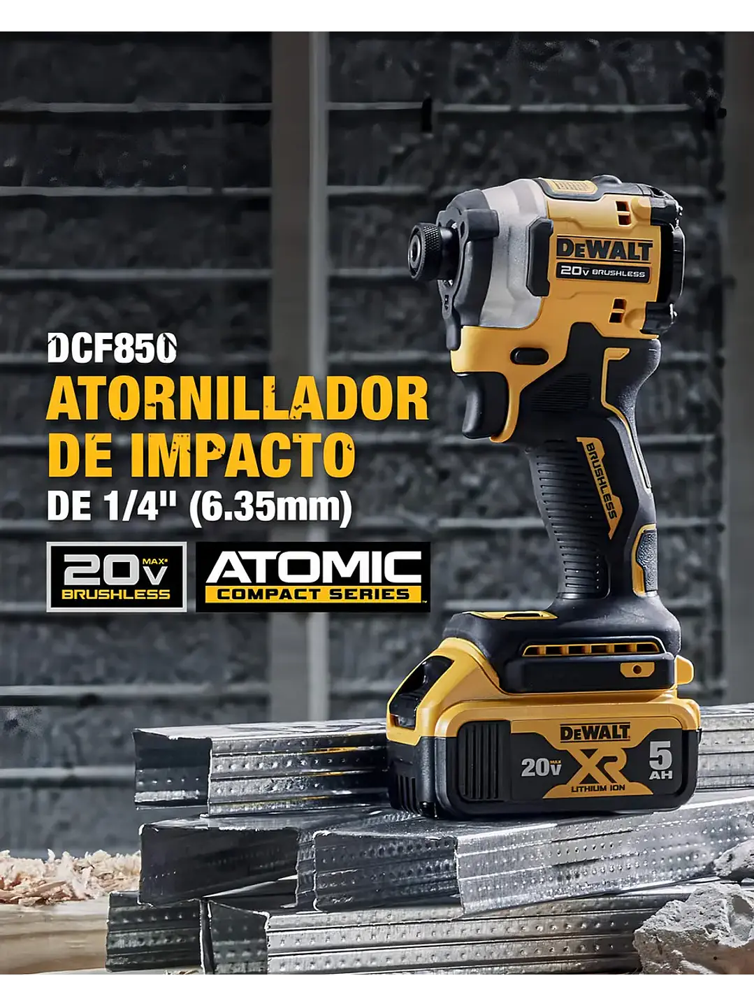 Destornillador/Atornillador Impacto Dewalt Atomic DCF850P1+Bat 5Ah+Carg+Bolso 4