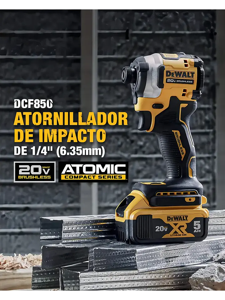 Destornillador/Atornillador Impacto Dewalt Atomic DCF850P1+Bat 5Ah+Carg+Bolso 4