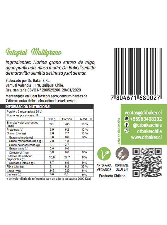 Integral Multigrano Vegano 1 Kg. Sin preservantes.