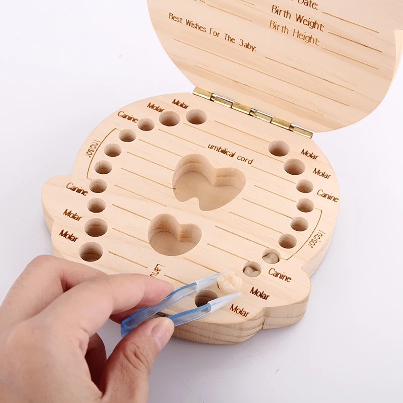 Caja de madera para guardar dientes de leche, bote y pinza