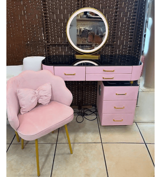 TOCADOR GOLD CON LUCES LED Y ASIENTO  - TOCADOR CUBIERTA ROSADA