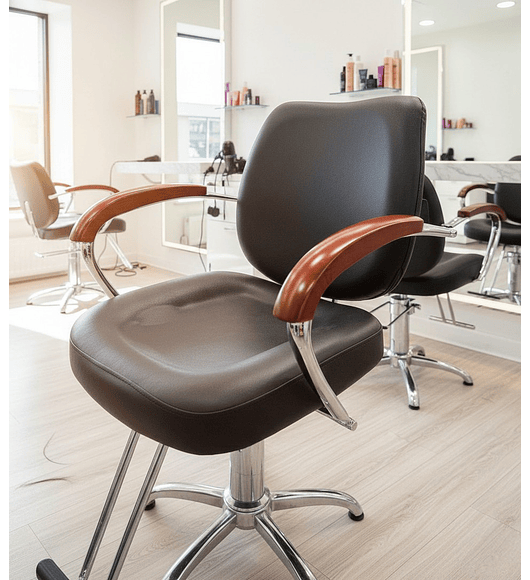 SILLA DE PELUQUERIA CON APOYA BRAZOS CAOBA