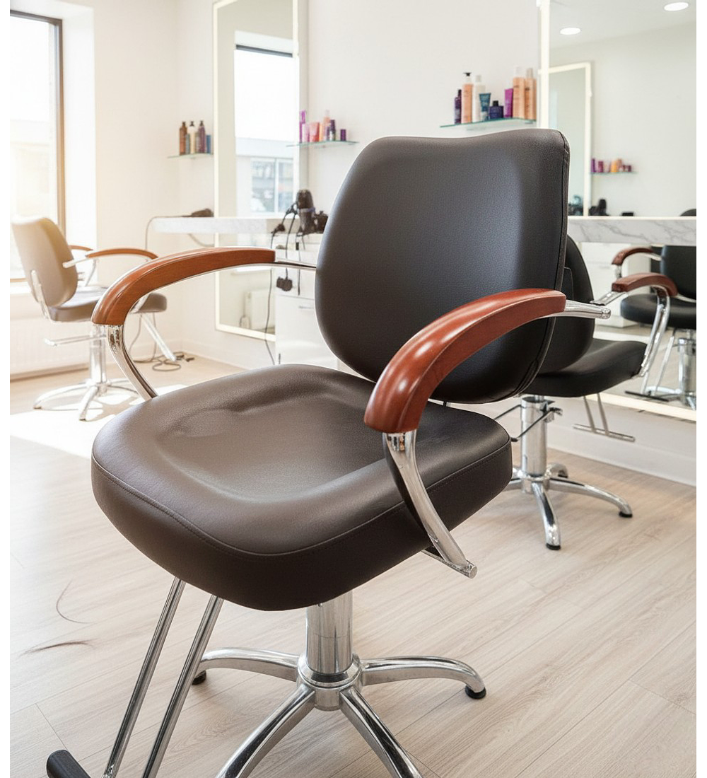 SILLA DE PELUQUERIA CON APOYA BRAZOS CAOBA