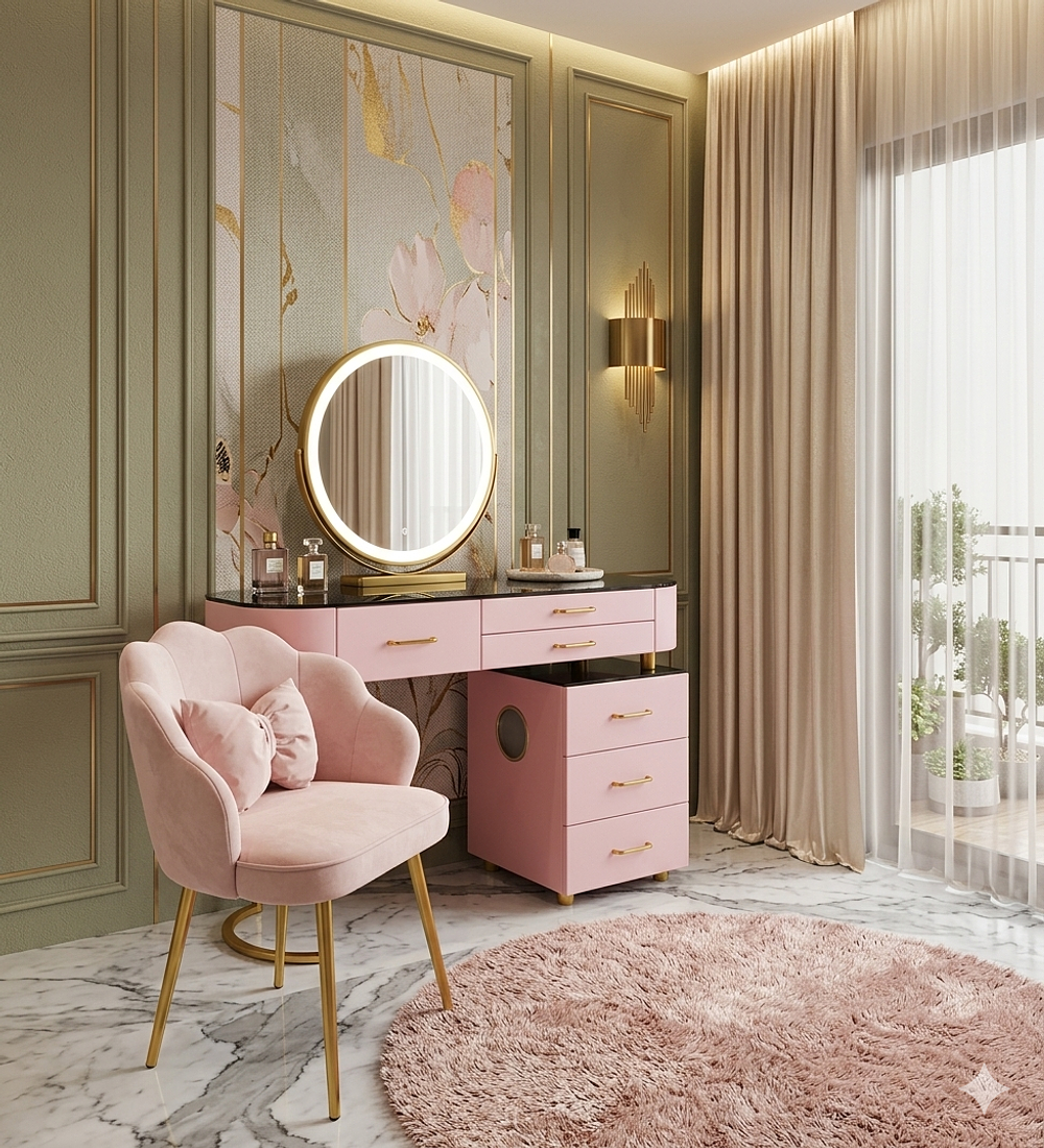 TOCADOR GOLD CON LUCES LED Y ASIENTO 