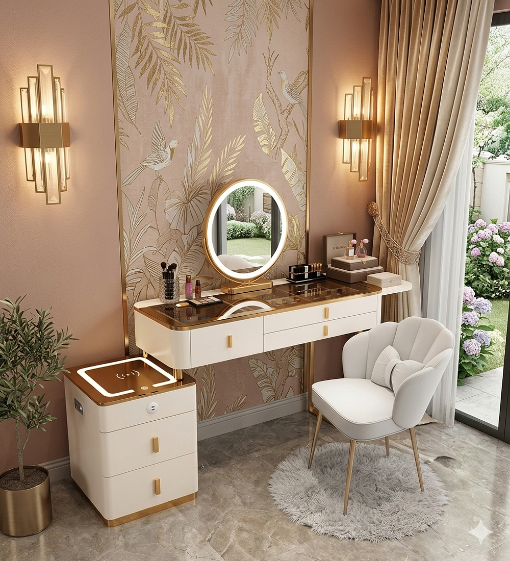 TOCADOR GOLD CON LUCES LED Y ASIENTO 