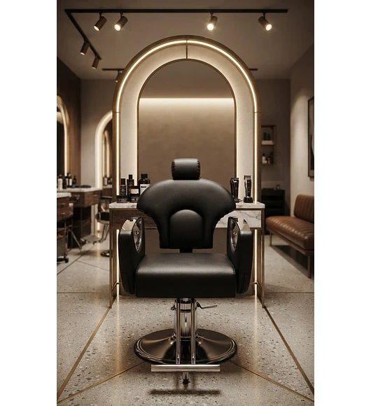 SILLA DE PELUQUERIA Y BARBERIA CON APOYA BRAZOS PLATEADOS - NEGRO