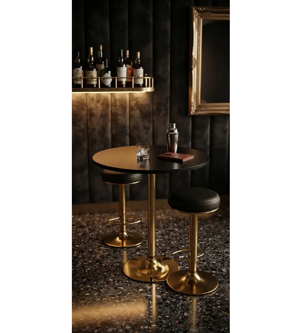 MESA DE BAR REGULABLE CON BASE DORADA 