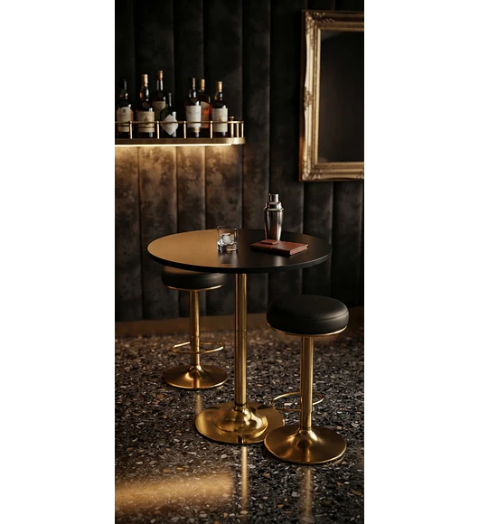 MESA DE BAR REGULABLE CON BASE DORADA 