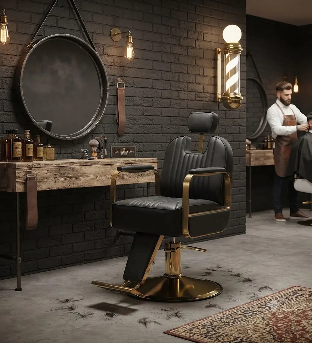 SILLA DE PELUQUERIA Y BARBERIA CON APOYA CABEZA GOLD