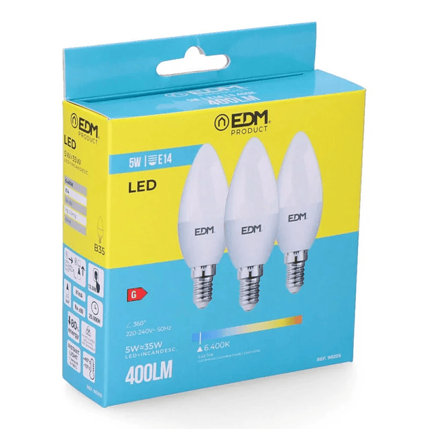 3447-Pack 3 Lâmpadas Vela EDM - LED - E14 - 5 W - 400 LM - 6400 K - Luz Fria