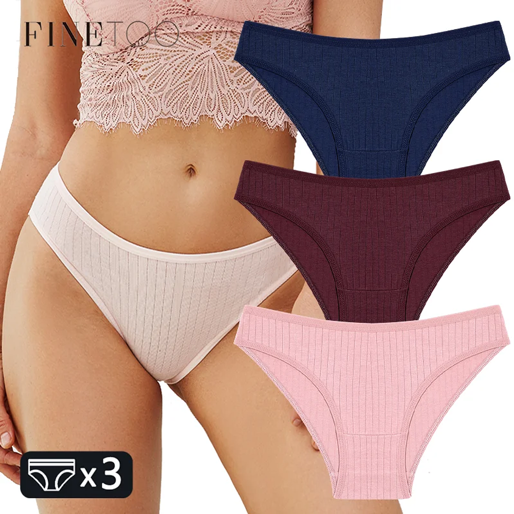 FINETOO 3PCS/SET Women's Cotton Panties Soft Striped Underpants Sexy Solid Color Briefs Female Comfortable Stretch Lingerie M-XL