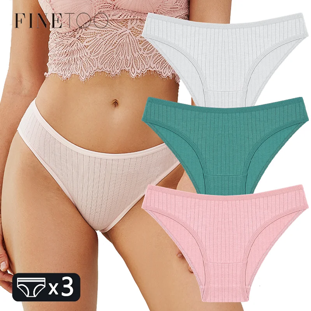 FINETOO 3PCS/SET Women's Cotton Panties Soft Striped Underpants Sexy Solid Color Briefs Female Comfortable Stretch Lingerie M-XL