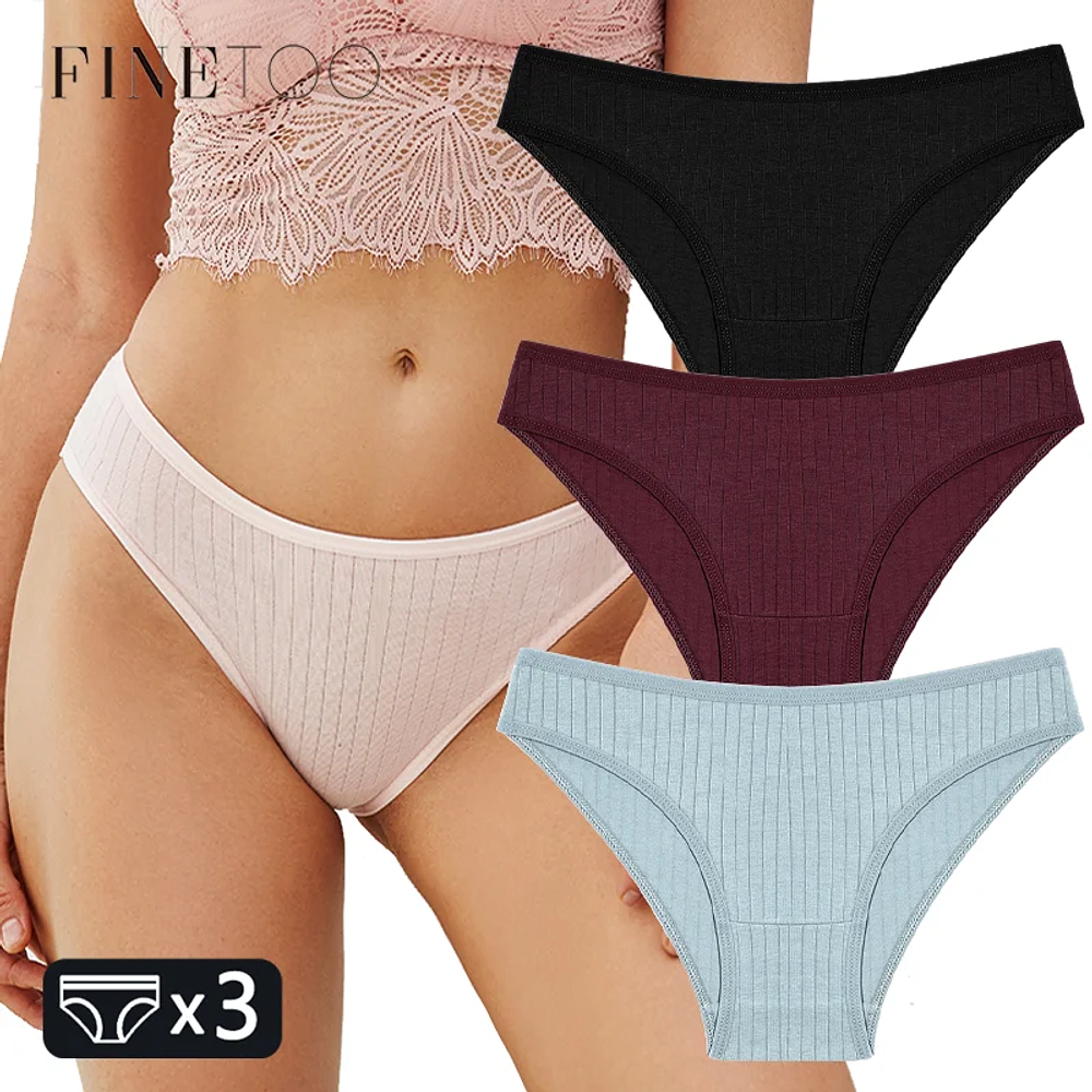 FINETOO 3PCS/SET Women's Cotton Panties Soft Striped Underpants Sexy Solid Color Briefs Female Comfortable Stretch Lingerie M-XL