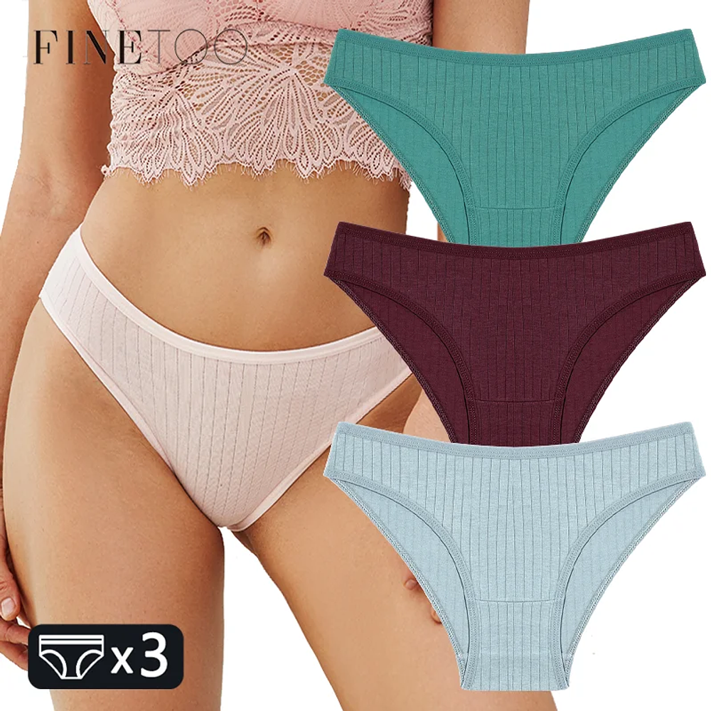 FINETOO 3PCS/SET Women's Cotton Panties Soft Striped Underpants Sexy Solid Color Briefs Female Comfortable Stretch Lingerie M-XL