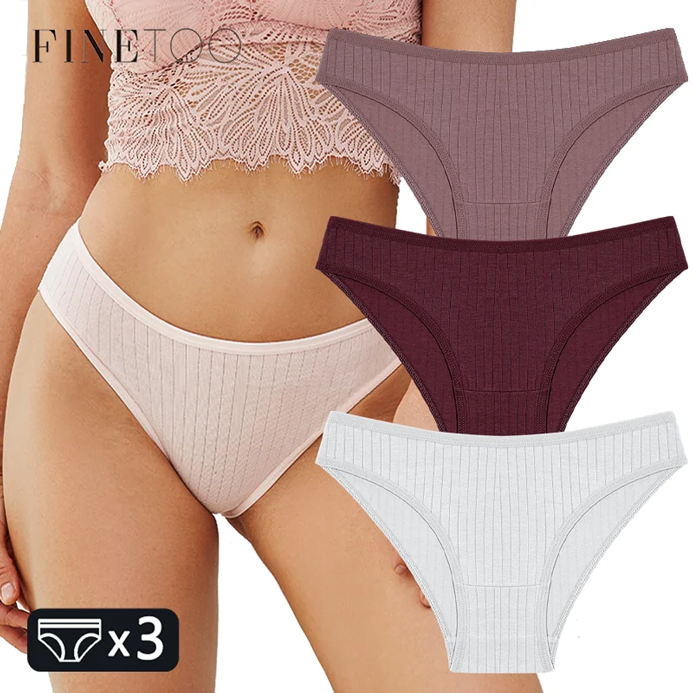 FINETOO 3PCS/SET Women's Cotton Panties Soft Striped Underpants Sexy Solid Color Briefs Female Comfortable Stretch Lingerie M-XL