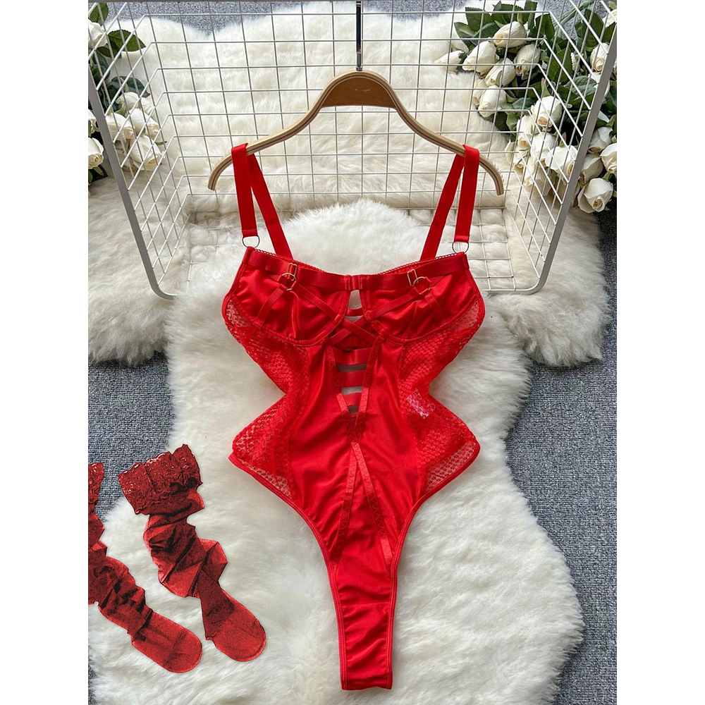 Women's tight fitting and hollow out combination jumpsuit sexy mesh lace sexy fashion party pajamas