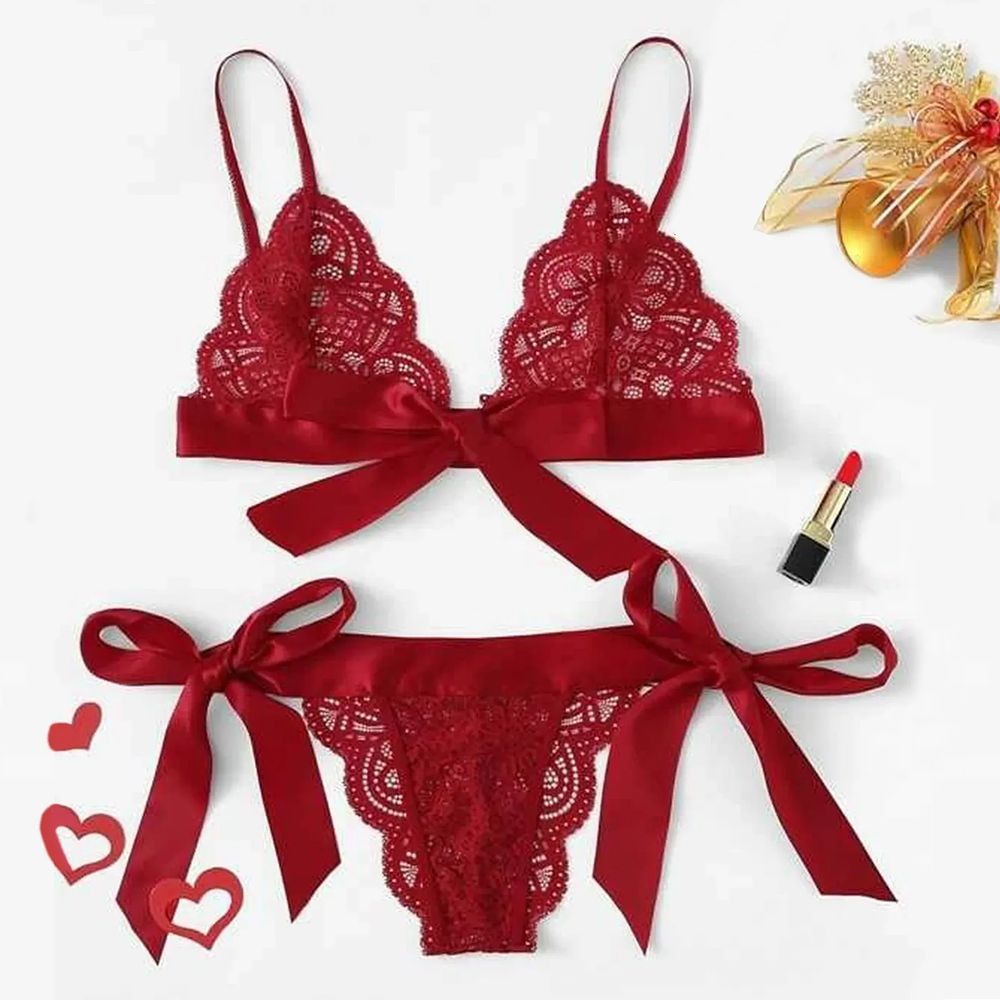 Sexy Lace Bra Brief Set Lingerie Set Women Underwear Transparent Bra Panties Sets Female Red Ultra-thin Unlined Underwear Set