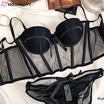 Lace Bra Sexy Mesh Underwear Women Hollow Out Shape Half Cup Soft Bralette Anti-sag Push Up Bow Thicken Women Underwear Set