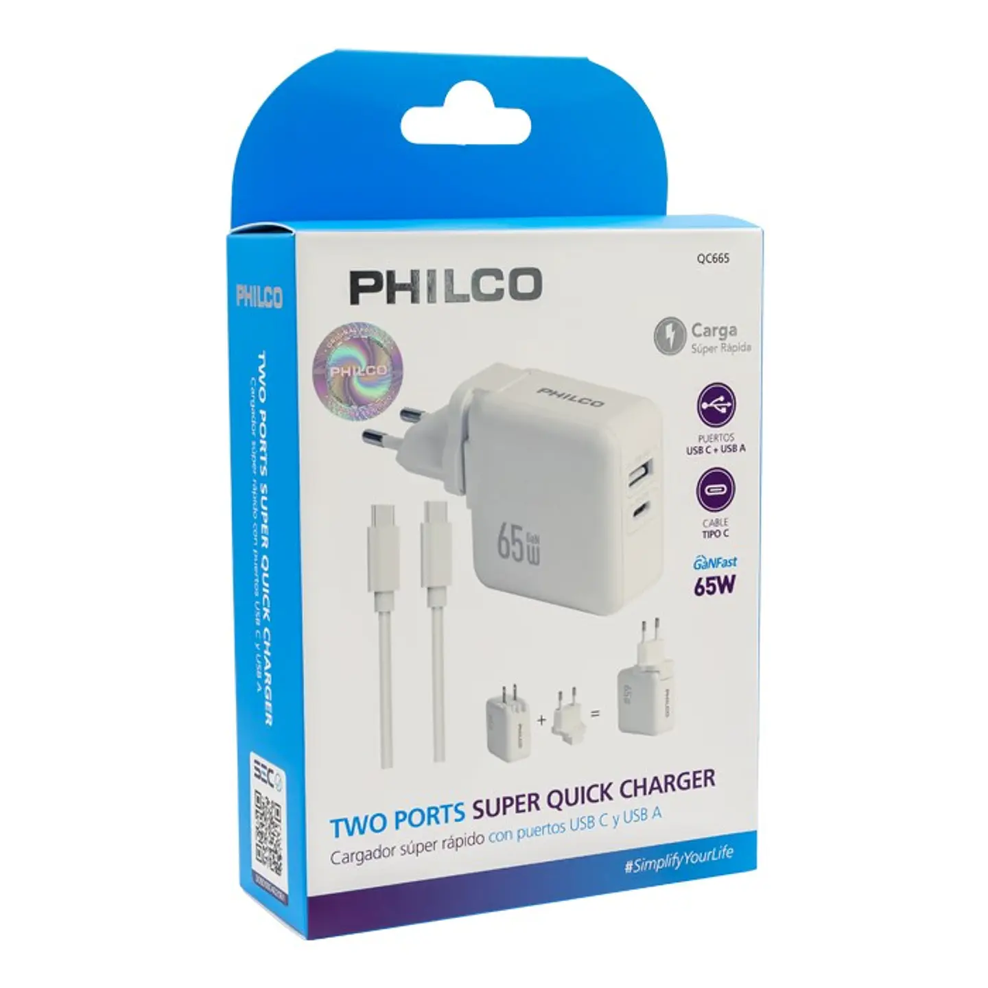 Cargador Super Rapido Philco 60W PD 2