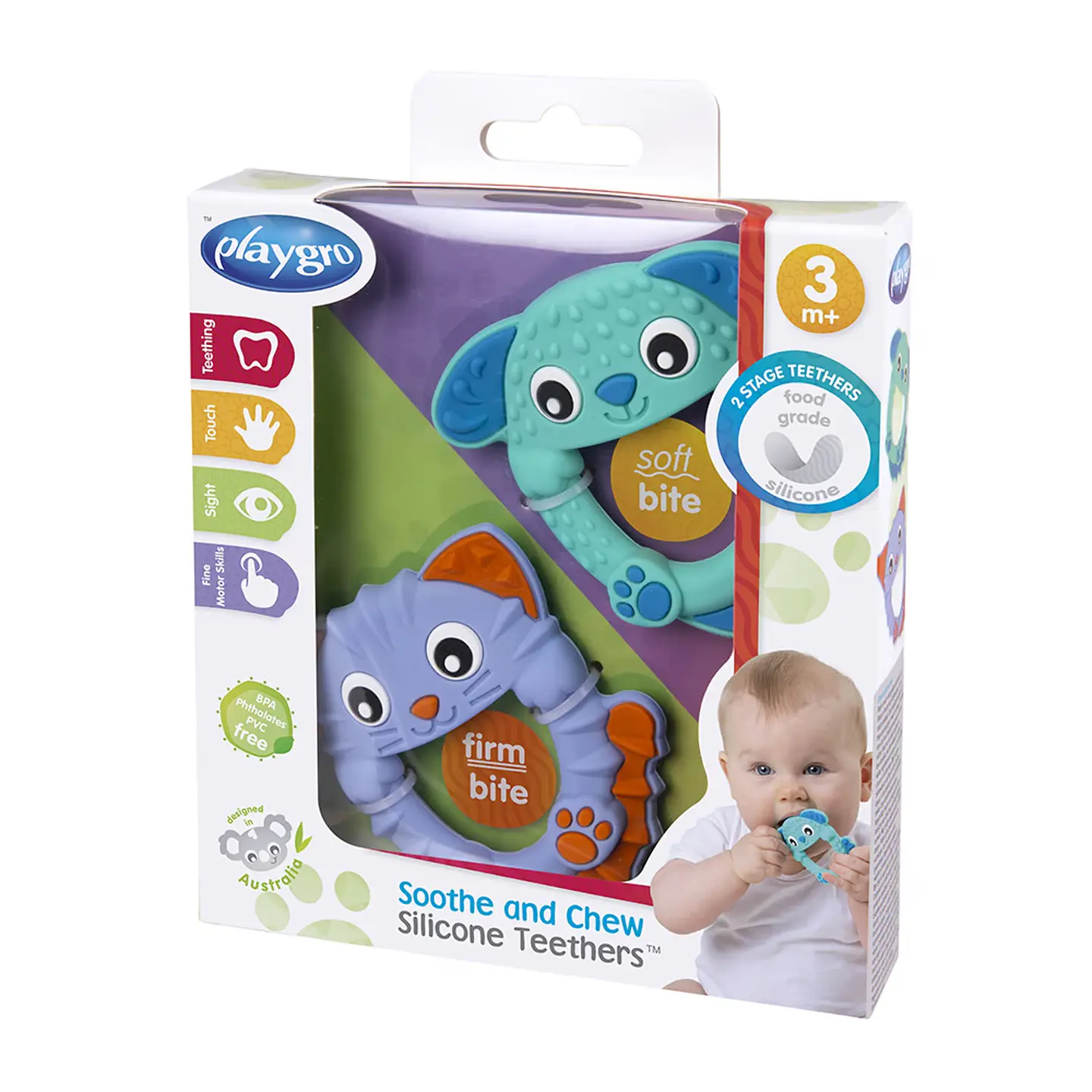 Pack 2 Mordedores Silicona Animales 3m+ Playgro 8