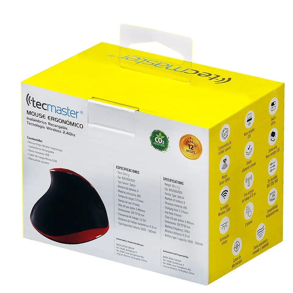 Mouse Ergonómico Tecmaster Inalámbrico Recargable Negro/Rojo 6