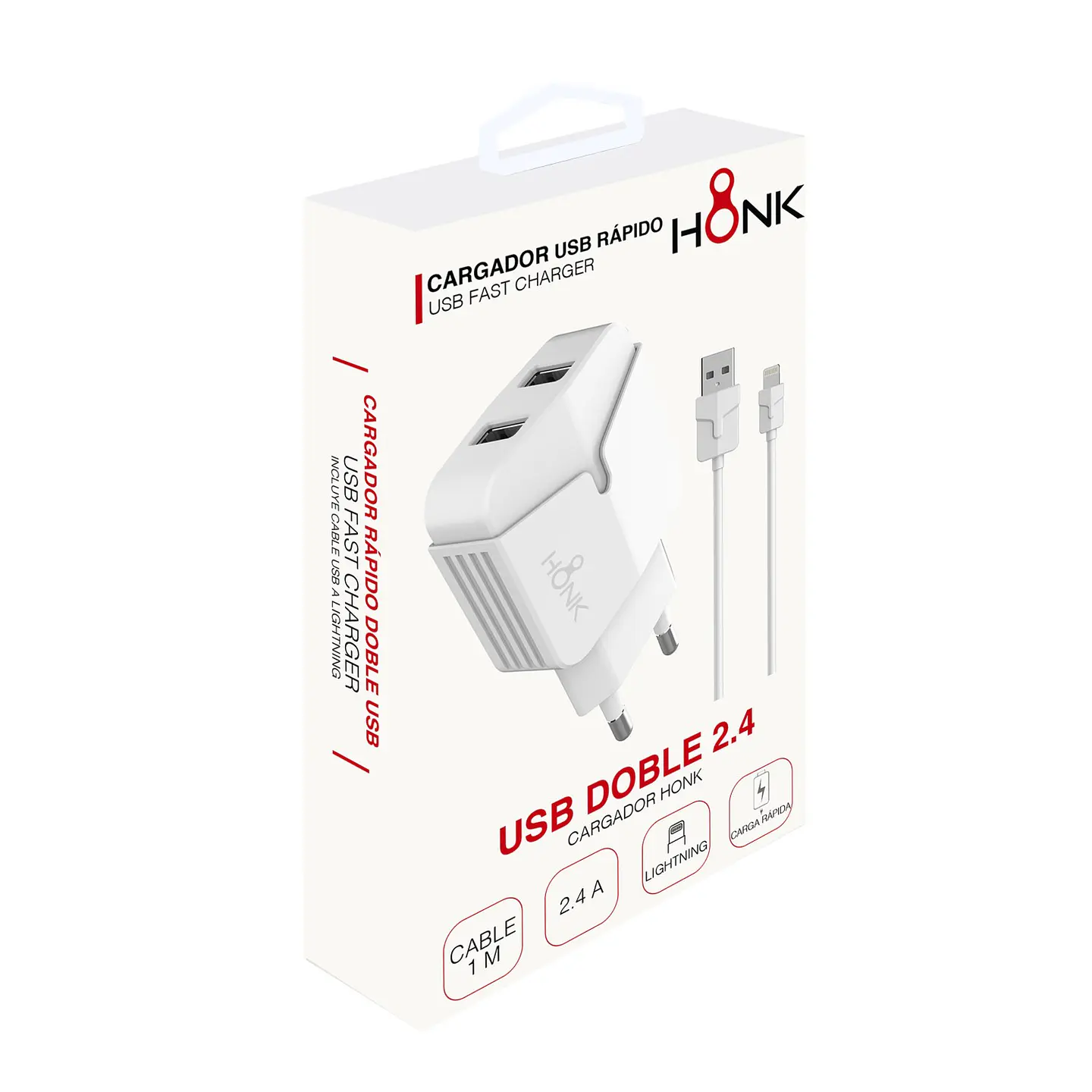 Cargador Pared Doble y Cable Lightning Honk 2.4A 2