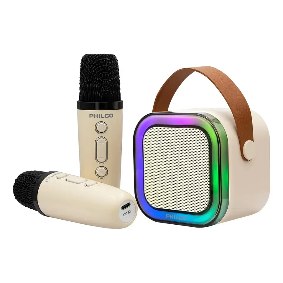 Mini Parlante Karaoke TWS 731W Luz RGB + 2 Micrófonos Philco 4