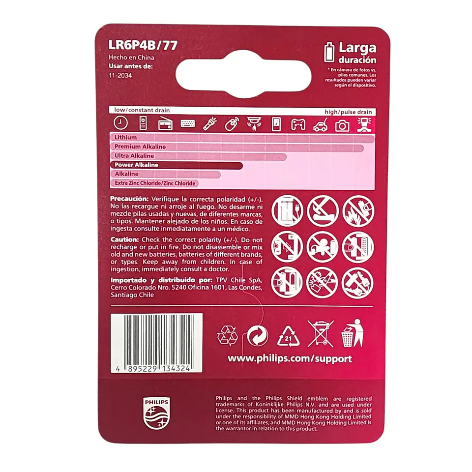 Pack 4 Pilas AA Alcalinas LR6P4B Philips 7