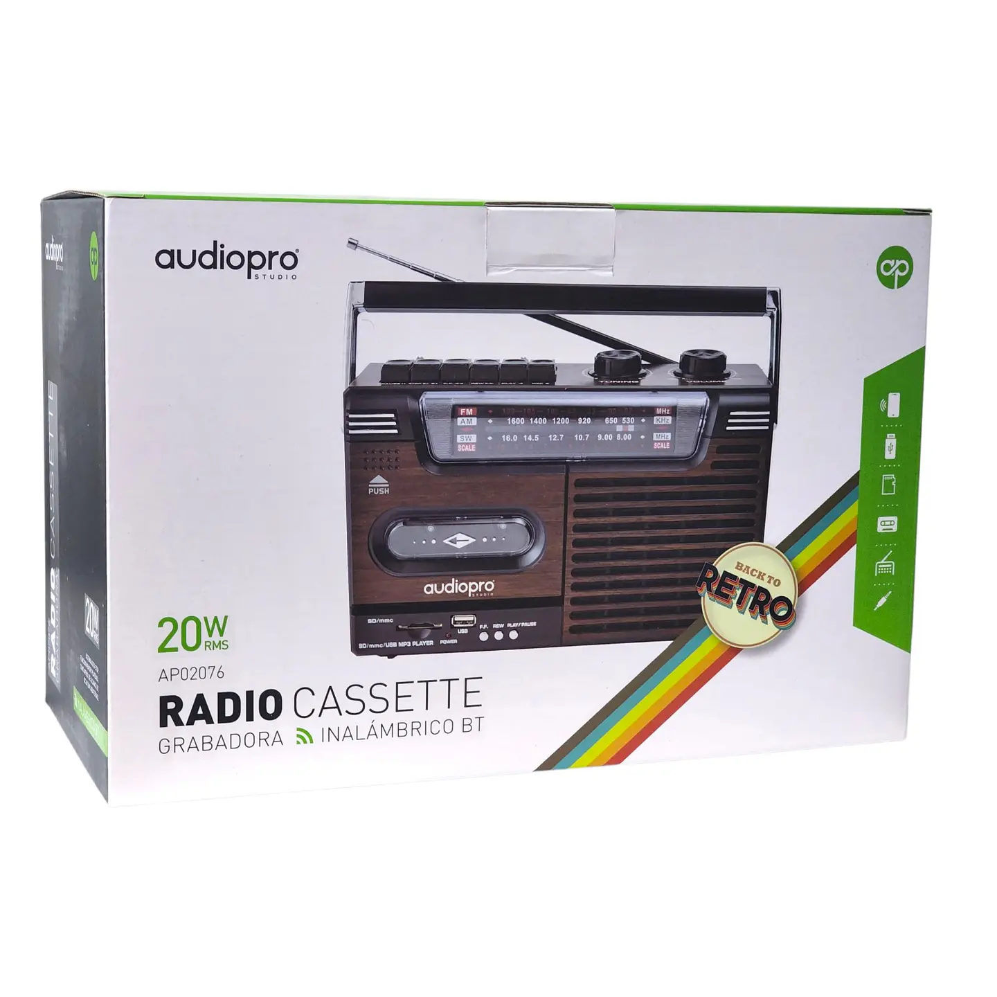 Radio Retro Portátil Cassette BT USB 20W AP02076 AudioPro 3
