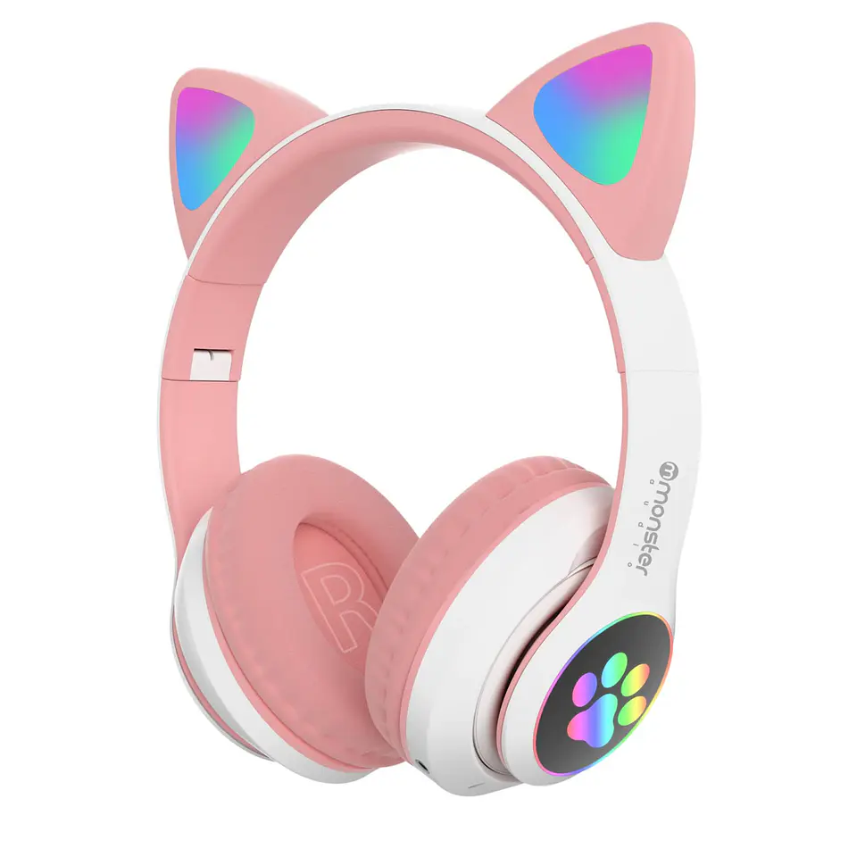 Audifono Wireless Monster Kids Cat Rosa Luz Led 1