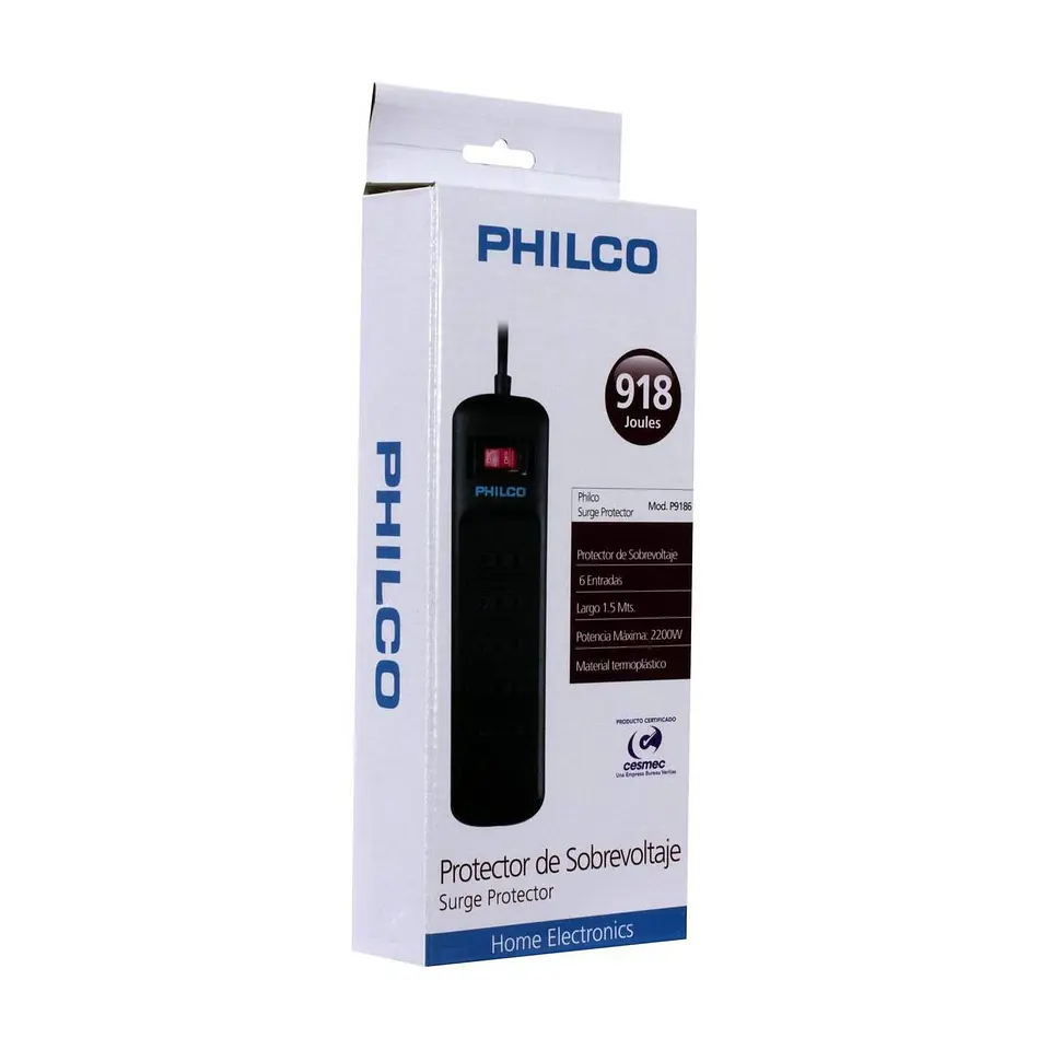 Alargador Protector Sobrevoltaje Philco 918 Joules Negro 2