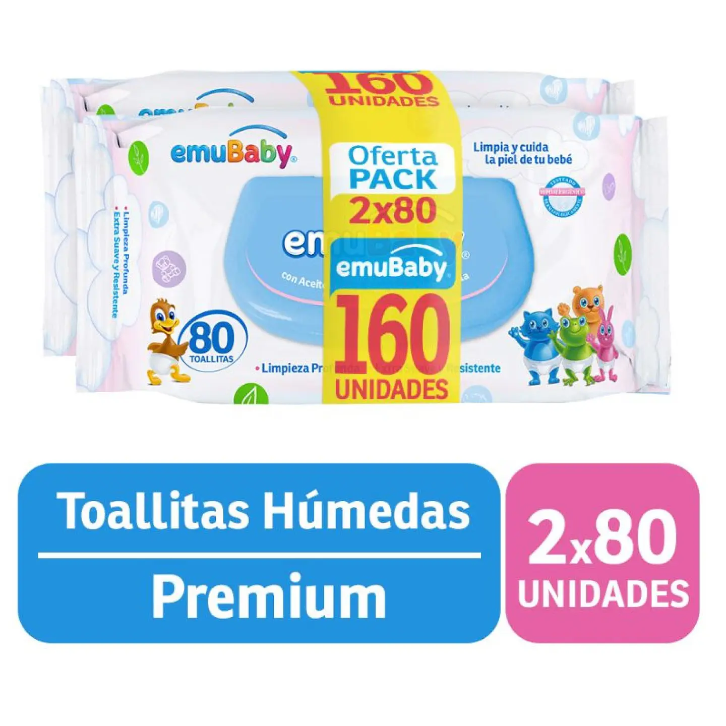 Toallitas Húmedas Emuwipes Premium 2x80 Un 1