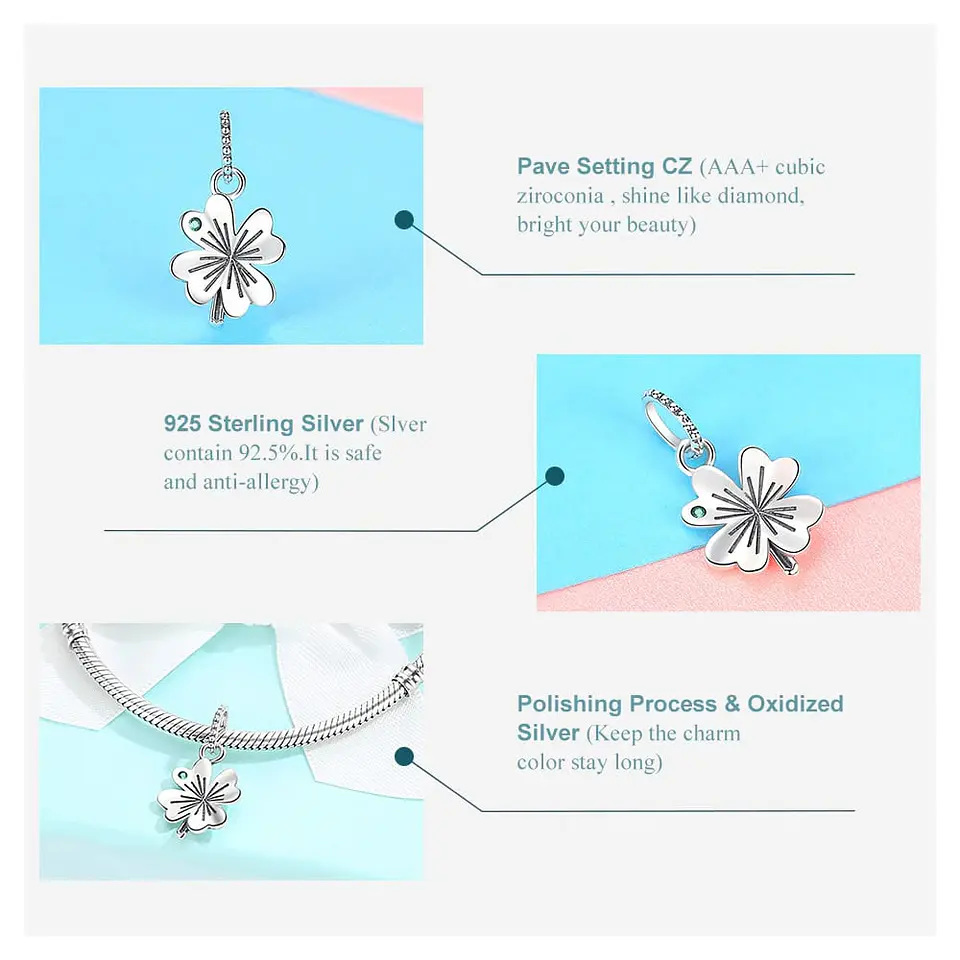 Charm Dije Plata 925 Trebol Plateado Circon 6