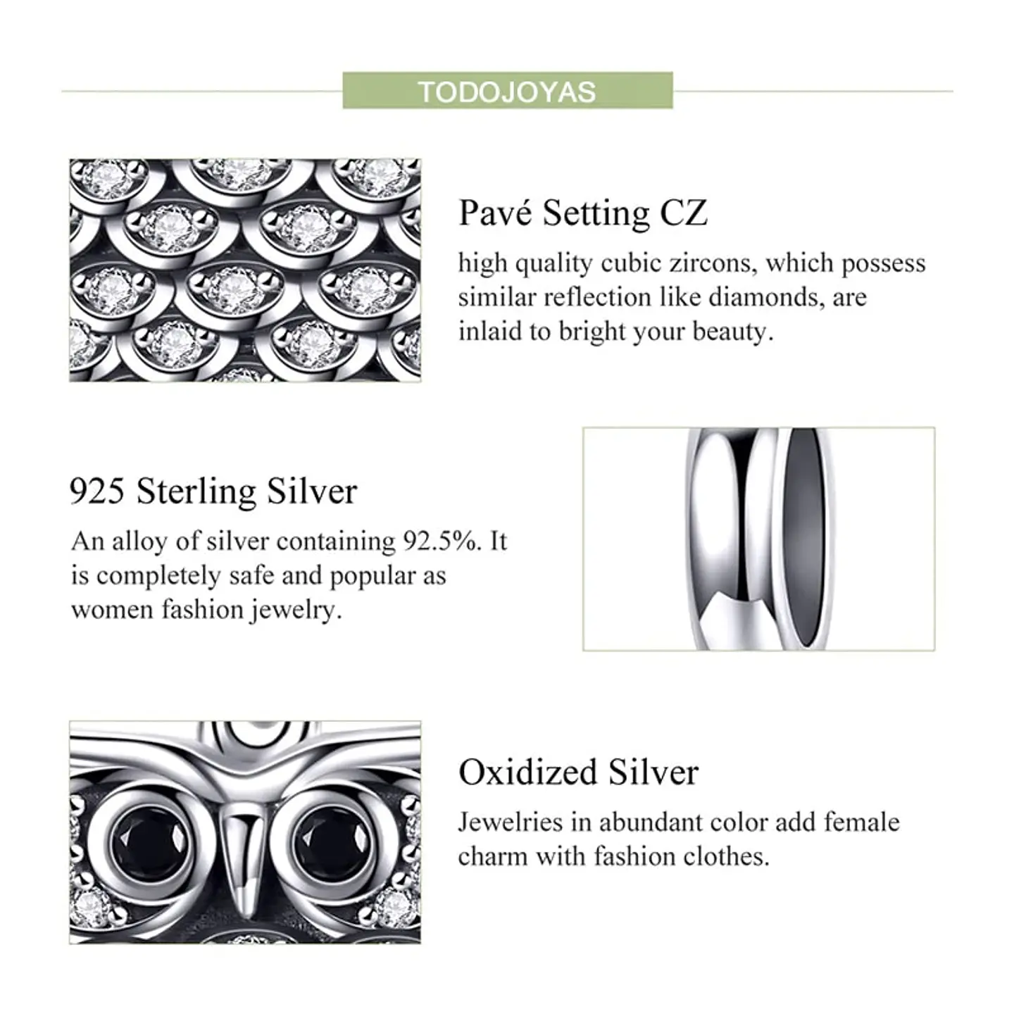 Charm Dije Plata 925 Buho Circones 5