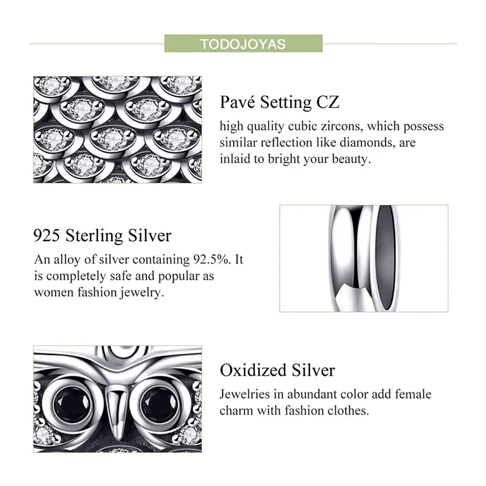 Charm Dije Plata 925 Buho Circones 5