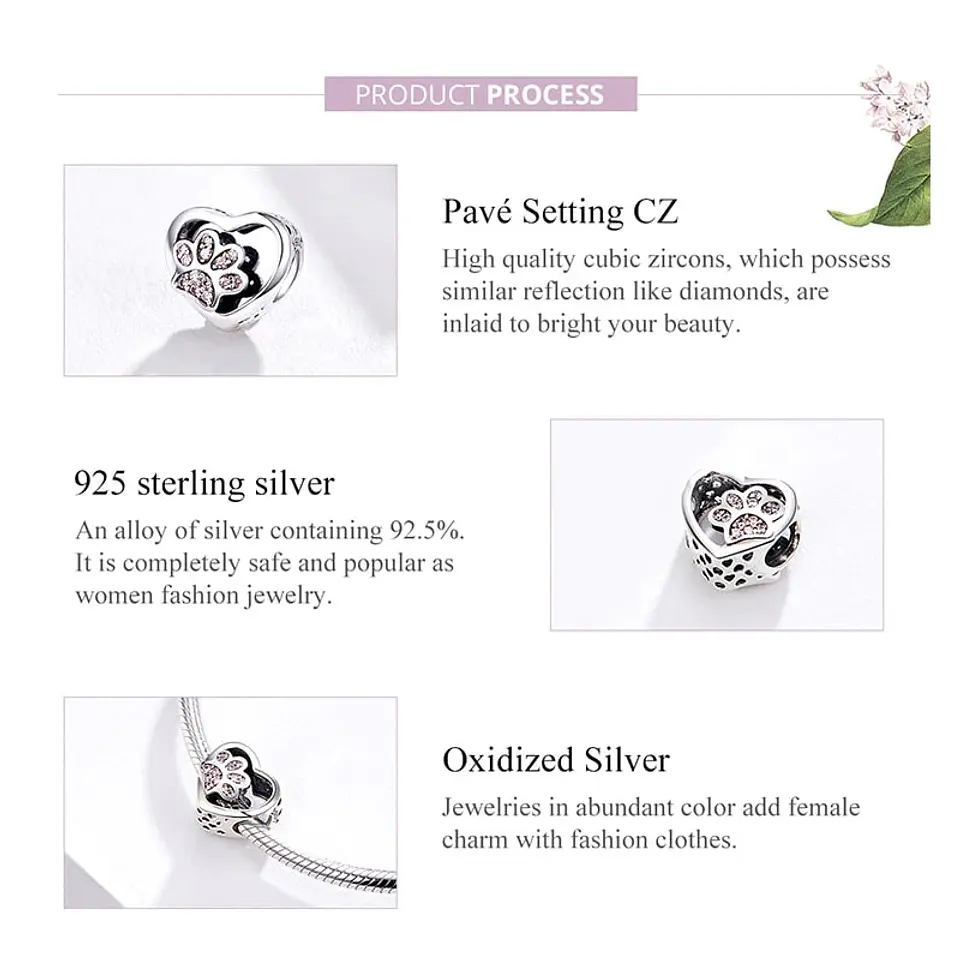 Charm Dije Plata 925 Corazon Patita Rosa Mascota 4