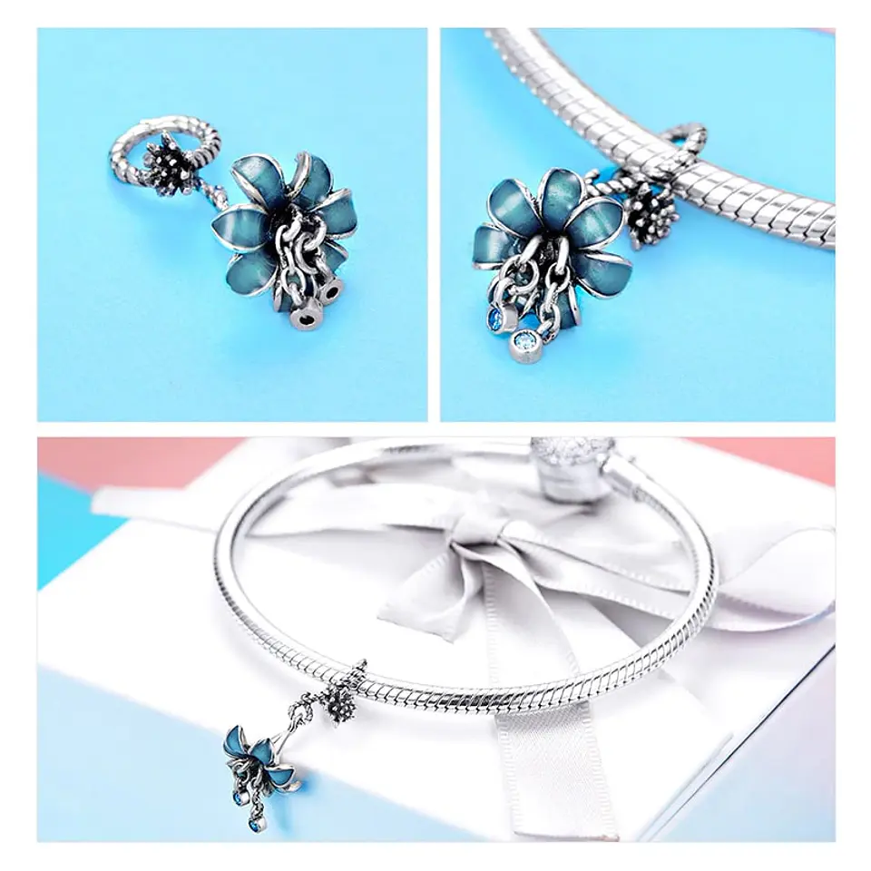 Charm Dije Plata 925 Flor Azul 3