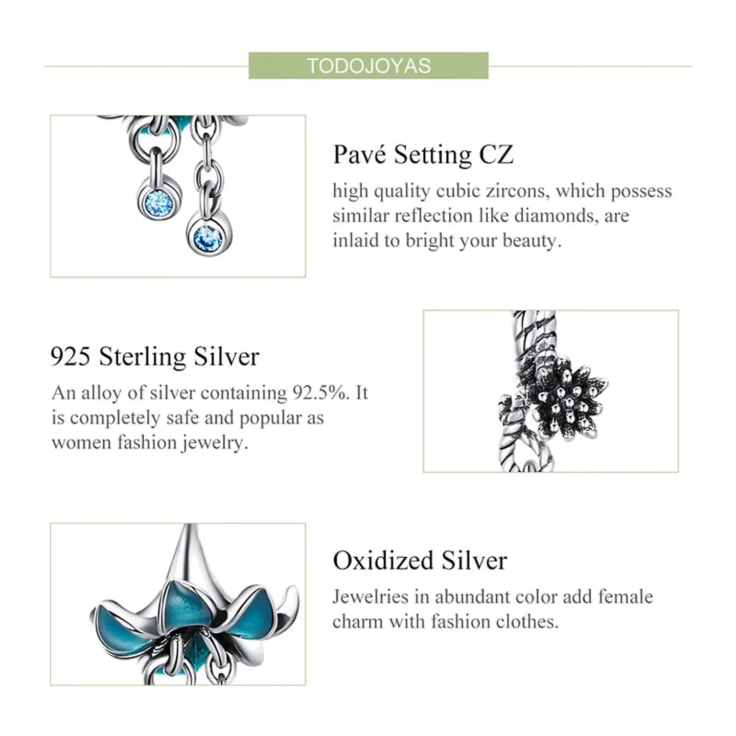 Charm Dije Plata 925 Flor Azul 5