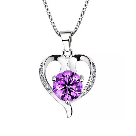 Collar Corazon Cristal Lila Plateado