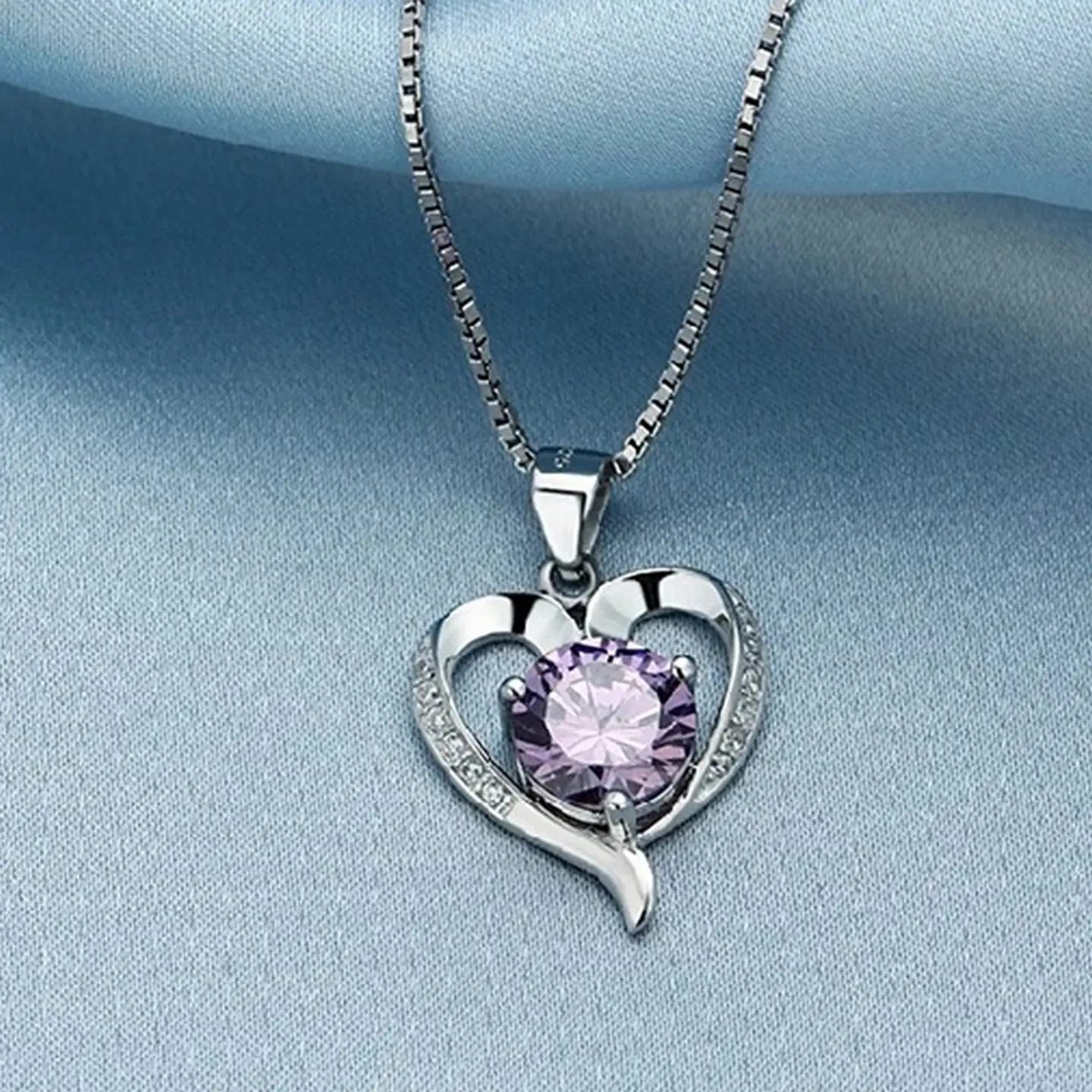 Collar Corazon Cristal Lila Plateado 4
