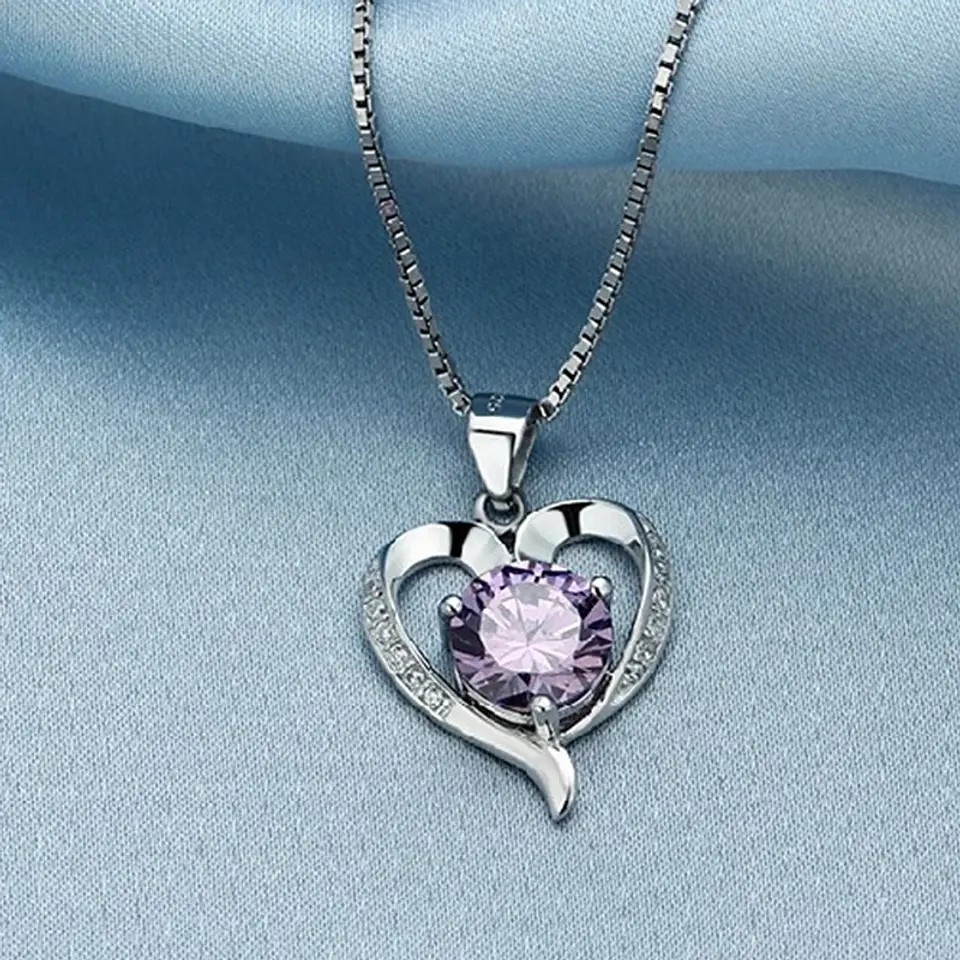 Collar Corazon Cristal Lila Plateado 4